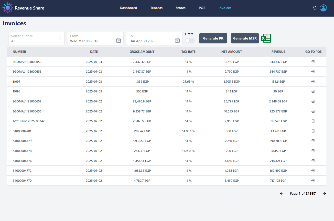 RevRoute invoice review showing gross amount, tax rate, net amount, and revenue with payment and sales report generation
