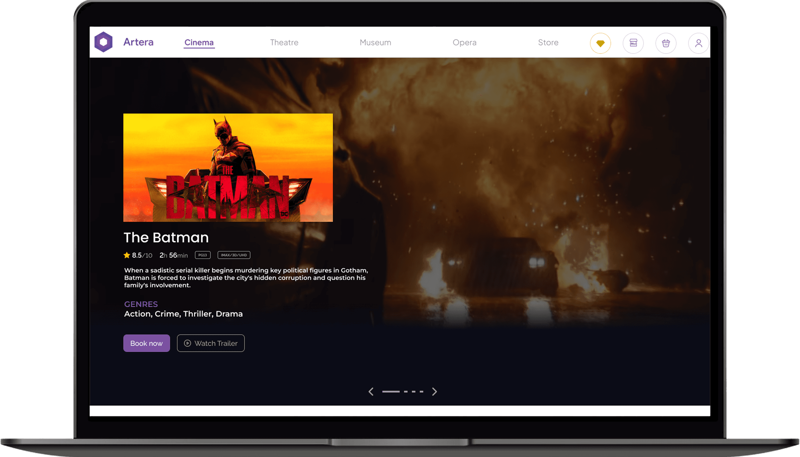 Artera patron storefront showing a featured film with booking and trailer options across cinema, theatre, museum, and opera venues